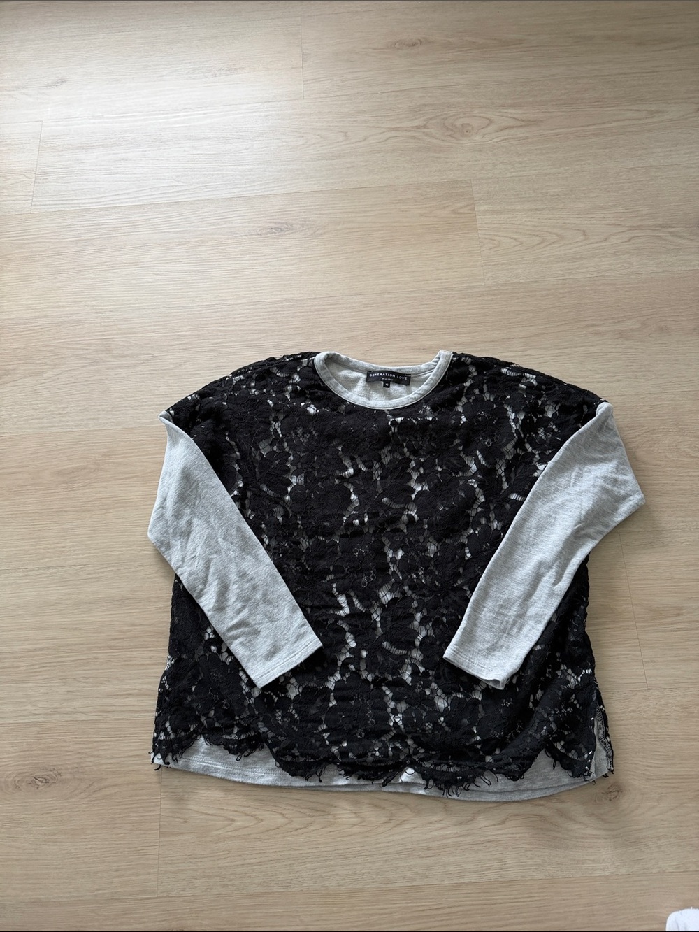 Generation Love Black Lace Overlay Pullover with Light Gray Sleeves